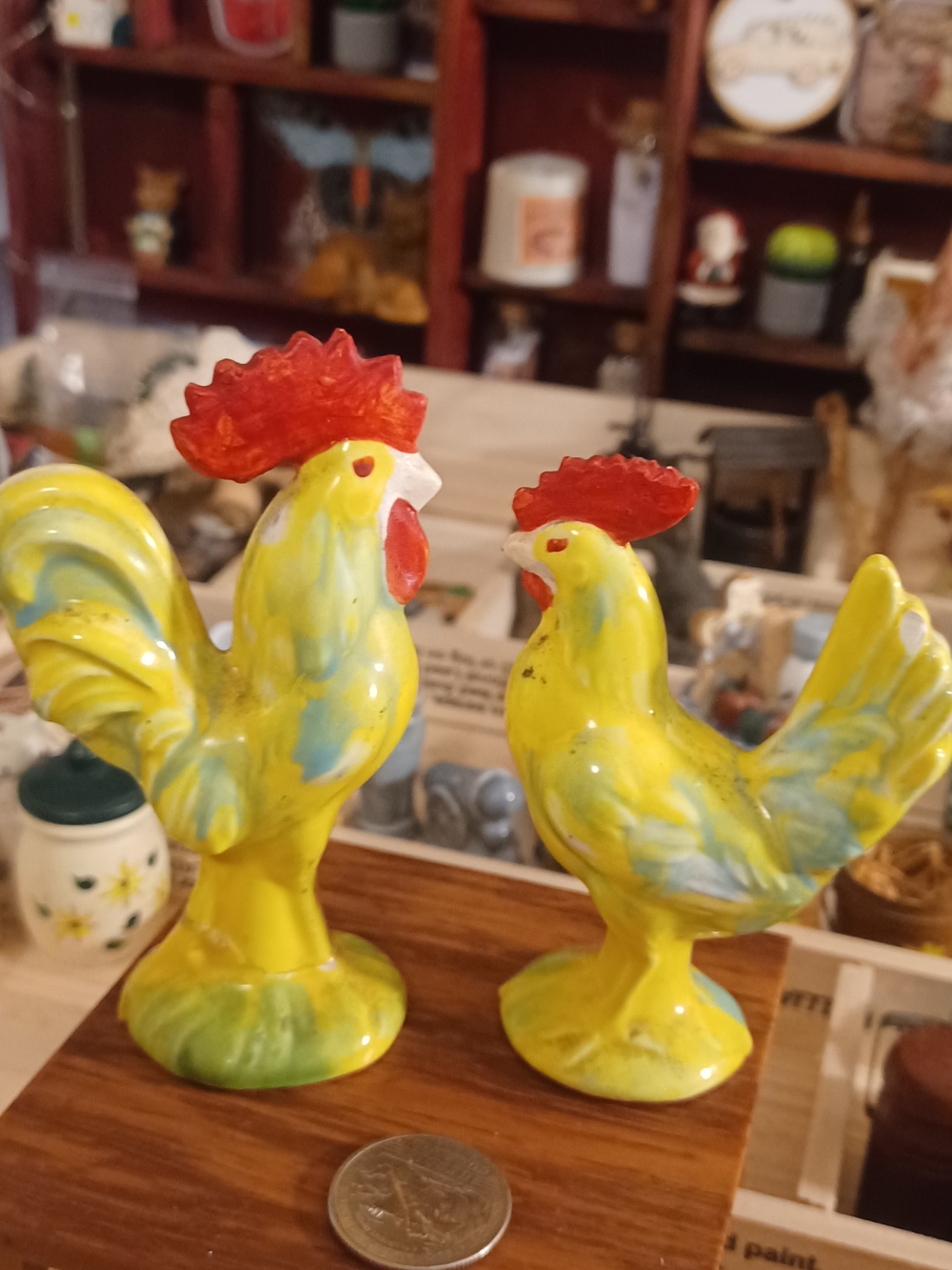Yellow Ceramic Rooster and Hen Figurines with Red Combs